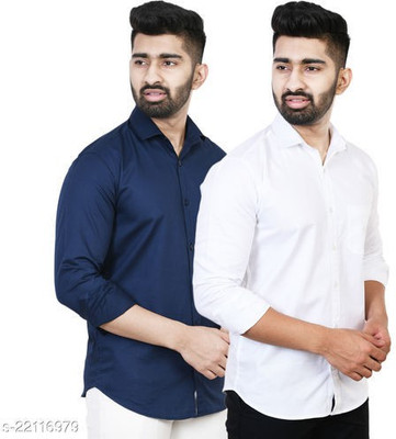 BOUGHT FIRST Men Solid Casual Dark Blue, White Shirt(Pack of 2)