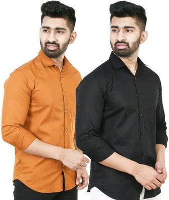 BOUGHT FIRST Men Solid Casual Black, Orange Shirt(Pack of 2)