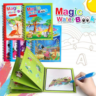 Dykidrah Magic Water Book Animal, Dino & Aqua Theme Unlimited Fun with Drawing Reusable Water Coloring Book Nib Sketch Pens(Set of 4, Multicolor)