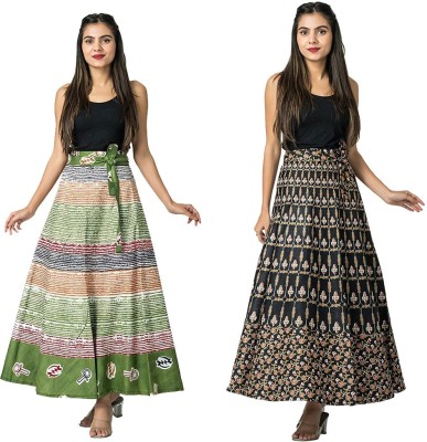 Myzora Printed Women Wrap Around Green, Black Skirt