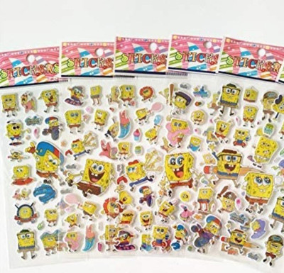 Super Easy 2.286 cm SpongeBob Mixed Cartoon Character Puffy 3D Cute Funny Stickers Self Adhesive Sticker(Pack of 5)