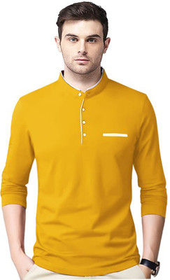 Adorbs Solid Men Mandarin Collar Yellow T-Shirt
