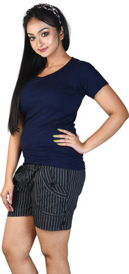 Le-Soft Solid Women Round Neck Navy Blue T-Shirt