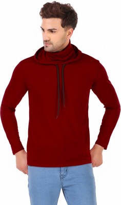 SHOPDAY Solid Men Hooded Neck Maroon T-Shirt