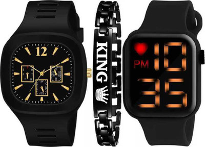 Actn A1CNEW FANCY BLACK SQUARE Analog-Digital Watch KING BRACELET COMBO3 BOYS & GIRLS NEW GENERATION WATCH COMBO Analog-Digital Watch  - For Men & Women