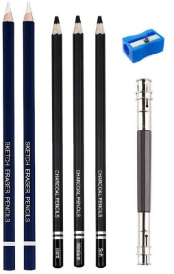 Definite 2Pc Eraser Pencil, 3Pc Black Charcoal Pencils & 13cm Pencil Extender ; Art Tools