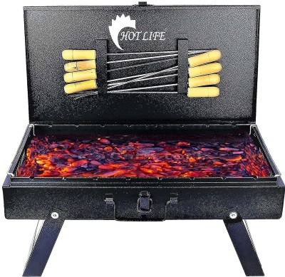 HOT LIFE Folding(Device)BriefcaseMetalBarbeque,8WoodenHandleSkewers,1IronGrill Charcoal Grill