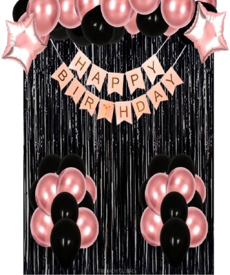UBAACHI ROSEGOLD & BLACK BIRTHDAY COMBO OF 28PCS WITH PEACH BANNER FOR BOYS, COUPLES(Set of 28)