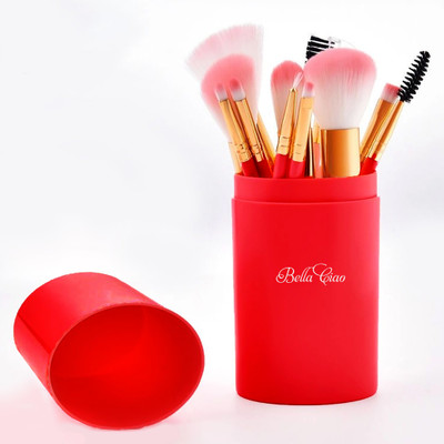 Bella Ciao Professional 12 Piece Face & Eye Makeup Brush Set With Storage Barrel -Coral Red(Pack of 12)