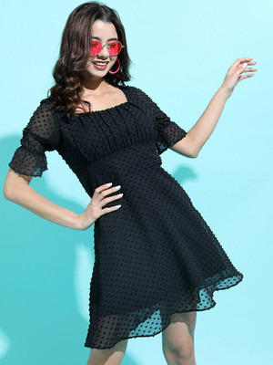 Tokyo Talkies Women Fit and Flare Black Above Knee/Mid Thigh Length Dress