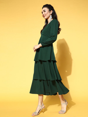 Berrylush Women Layered Green Maxi/Full Length Dress