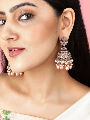 RUBANS Runs Gold Plated Handcrafted AD Studded & White Beads Jhumka Earrings Brass Jhumki Earring