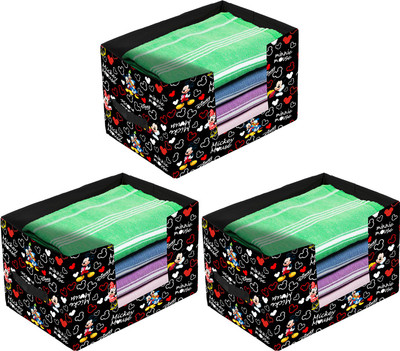 KUBER INDUSTRIES Designer Mickey Mouse Print Non-Woven Closet Organizer, With Handle-Pack of 3(Black) HS43KUBMART026379(Black)