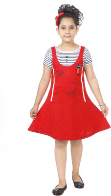 LIVE CALLECTION Indi Girls Above Knee Casual Dress(Red, Short Sleeve)