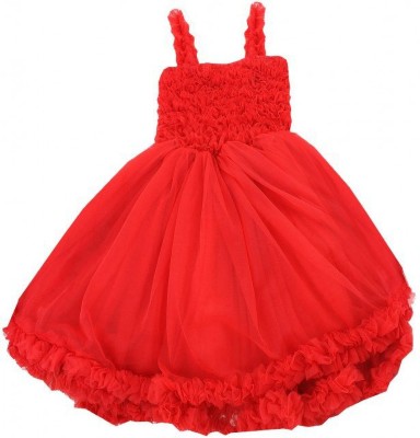 PINK WINGS Girls Midi/Knee Length Party Dress(Red, Sleeveless)