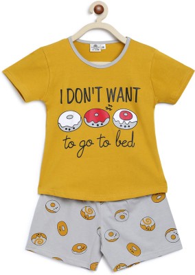 Homegrown Kids Nightwear Girls Printed Cotton Blend(Yellow Pack of 1)