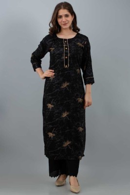 Lali Creation Women Printed Straight Kurta(Black)