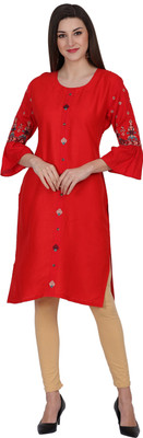 AXOLOTL Women Embroidered Straight Kurta(Red)