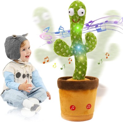 AASAVI Dancing Cactus Toy | LED Lights & Talking Musical Dancing Plush Cactus toy | Early Educational Toy for Kids Babies Children | Wriggle & Singing Repeating What You Say Cactus Toys 120 Songs (Yellow cap with Blue Dress)(Green)