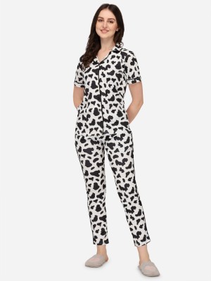 purplesky Women Printed White, Black Shirt & Pyjama set