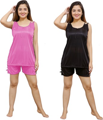 KV2 Women Solid Black, Pink Top & Shorts Set