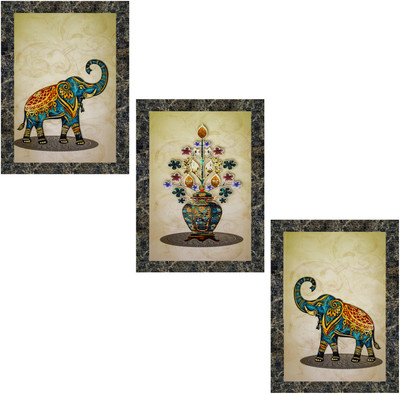 Indianara Set of 3 Flower Vase in Elephants Framed Art Painting (3947MGY) without glass Digital Reprint 13 inch x 10.2 inch Painting(With Frame, Pack of 3)