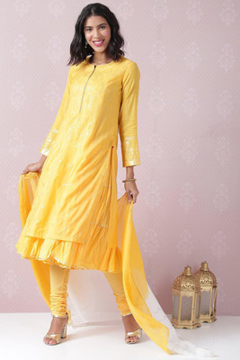 BIBA Floral Print Kurta, Churidar & Dupatta Set