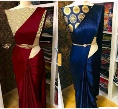 SHREEJI ENTERPRISE Solid/Plain Bollywood Satin Saree(Pack of 2, Maroon, Blue)