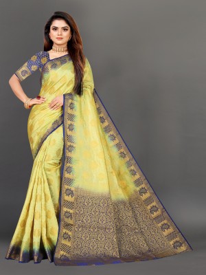 Harekrishna creation Woven Banarasi Jacquard, Cotton Silk Saree(Dark Blue, Gold, Light Green)