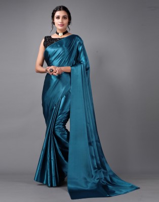 Samah Dyed, Solid/Plain Bollywood Satin Saree(Blue)