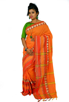 Pal Saree Senter Self Design Handloom Pure Cotton Saree(Orange)