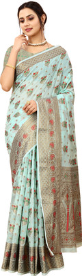 nikchi hub Embellished Banarasi Cotton Silk Saree(Light Blue)
