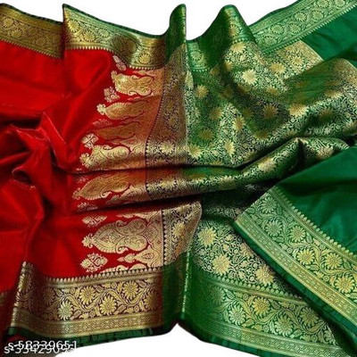 SHOPEEZY TEX FAB Solid/Plain Kanjivaram Silk Blend Saree(Green, Maroon)