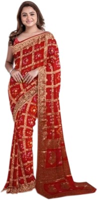 Stylish Sarees Hand Painted, Woven, Checkered Bandhani Jacquard, Art Silk Saree(Red)