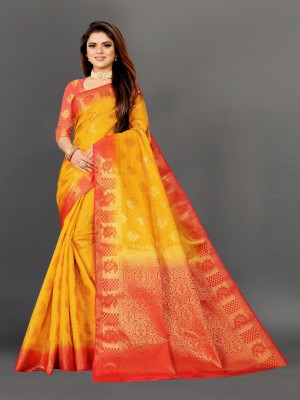 Chechern Woven Banarasi Jacquard, Cotton Silk Saree(Gold, Orange, Yellow)