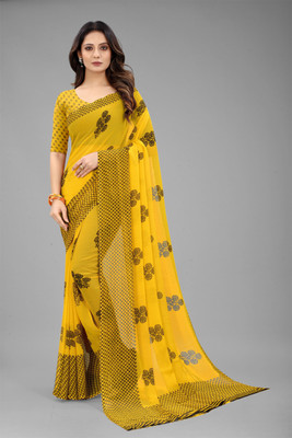 VR Fashions Printed Bollywood Chiffon Saree(Yellow)