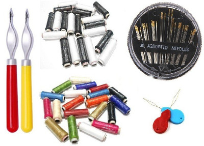 Kunfaya 2 Tracing Wheel + 10 Multi Spool & B/W + Needle Compact + thread Pick Sewing Kit