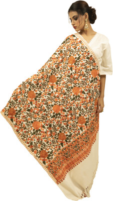 Shal-é-Pashm Wool Embroidered Women Shawl(White)