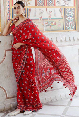 DASTKARPRINT Printed Daily Wear Pure Cotton Saree(Red)