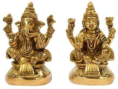 Idolsplace Laxmi Ganesh Golden Brass Statue Antique Finish Pital Murti Idol 600gms Decorative Showpiece  -  10 cm(Brass, Gold)