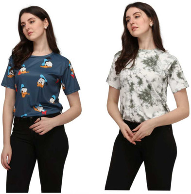 SHRIEZ Printed Women Round Neck Multicolor T-Shirt