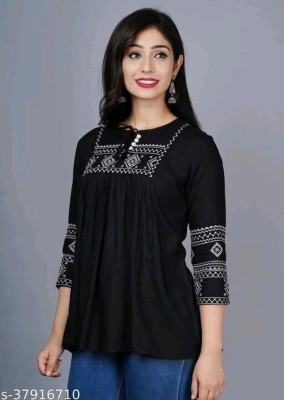 RRFABRICS Casual Embroidered Women Black Top