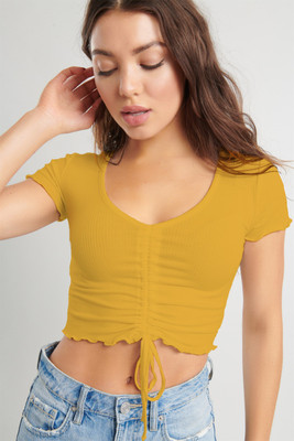 ANBICH Casual Solid Women Yellow Top