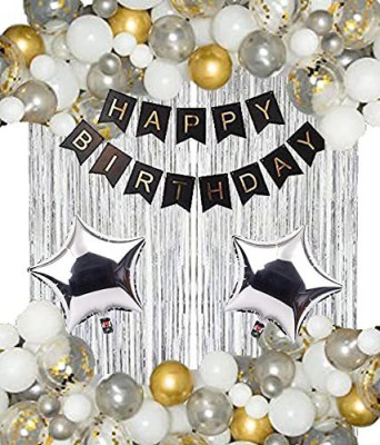 Prihit Solid Happy Birthday Banner with HD Metallic Balloons Decoration Kit for Girls & Boys Balloon(Gold, Silver, White, Pack of 36)