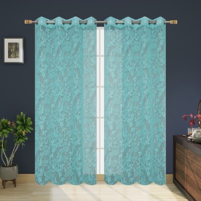 VeNom 274 cm (9 ft) Polyester Semi Transparent Long Door Curtain (Pack Of 2)(Floral, Aqua)