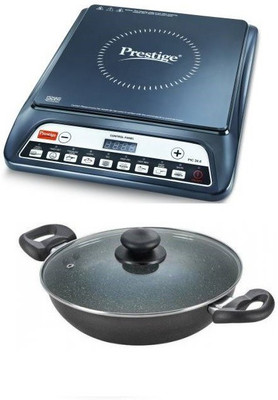 Prestige 240 MM GRANITE GLASS LID KADHAI WITH 1600 W Induction Cooktop (Black, Push Button)