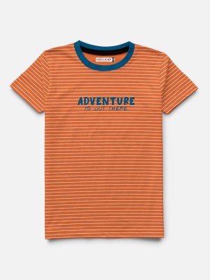 Hellcat Boys Striped Cotton Blend T Shirt(Orange, Pack of 1)