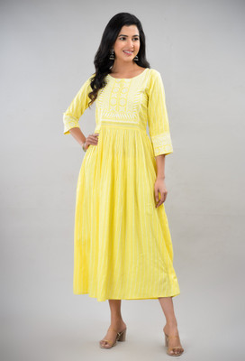 JFT Jaipur Fabtex Women Printed A-line Kurta(Yellow)