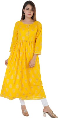 Shree krishna textile Women Printed Anarkali Kurta(Yellow)