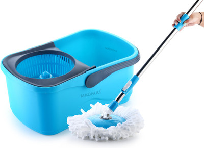MADHULI 360 Degree Spin Bucket Mop Set, Adjustable Long SS Handle & 2 Microfiber Refills Mop Set(Blue)